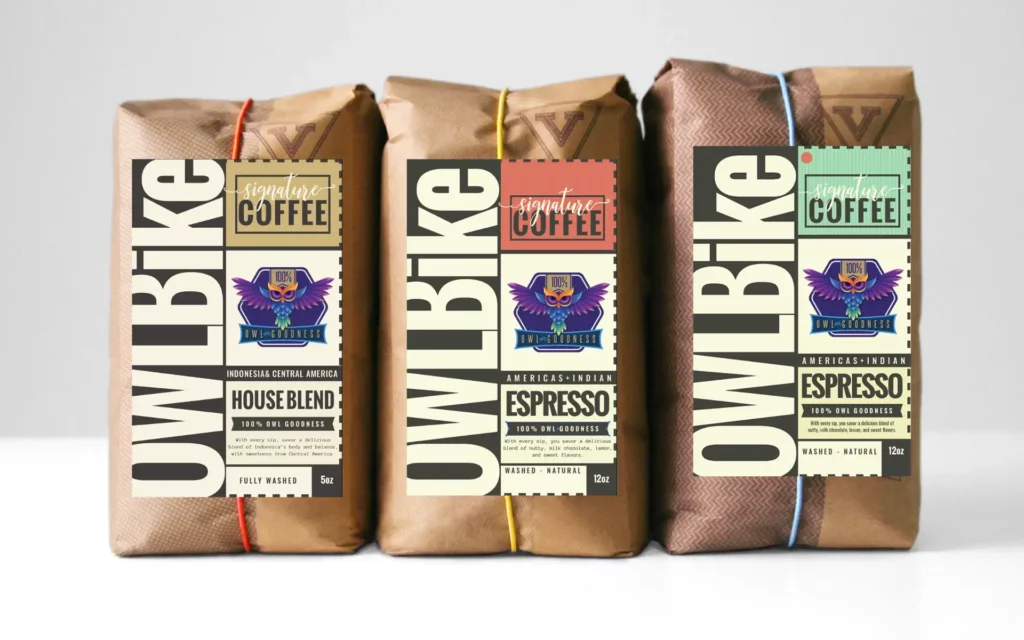 100% OWL Goodness Signature Coffee 3 varieties: espresso, house blend, and decaf espresso